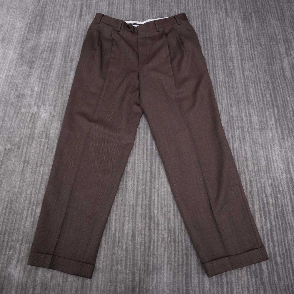 Canali Dress Pants Mens 34x28.5 Brown Excellent Pleated Cuffed 100% Wool Italy